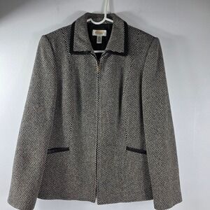 Talbots Women's Black White Tweed Wool Blazer Jacket‎ Leather Trim  Size 6